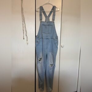 Denim distressed overalls